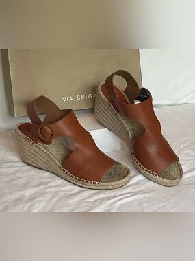 Via Spiga Nolan Saddle Tan Leather Wedge Espadrille Sandals Sz 11 BNWB